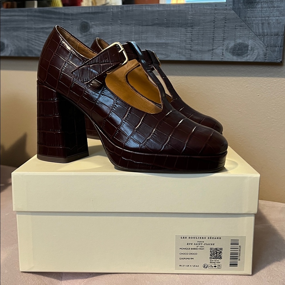 Elegant Monique High Babies Chocolate Croc T-Strap Heels Size 37EU/ 6.5US